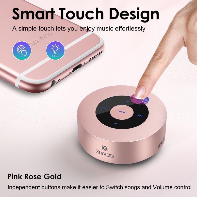 x-leader مكبر صوت بلوتوث ميني XLEADER (حافظة سفر مقدمة) صوت عالي الجودة وقاعدة غنية، تصميم باللمس، وقت تشغيل 12-15 ساعة، دعم إدخال Aux، بطاقة Micro SD، ميكروفون، لجهاز iPhone، لابتوب، دش، مكتب، هدايا مثالية، وردي ذهبي - Image 2